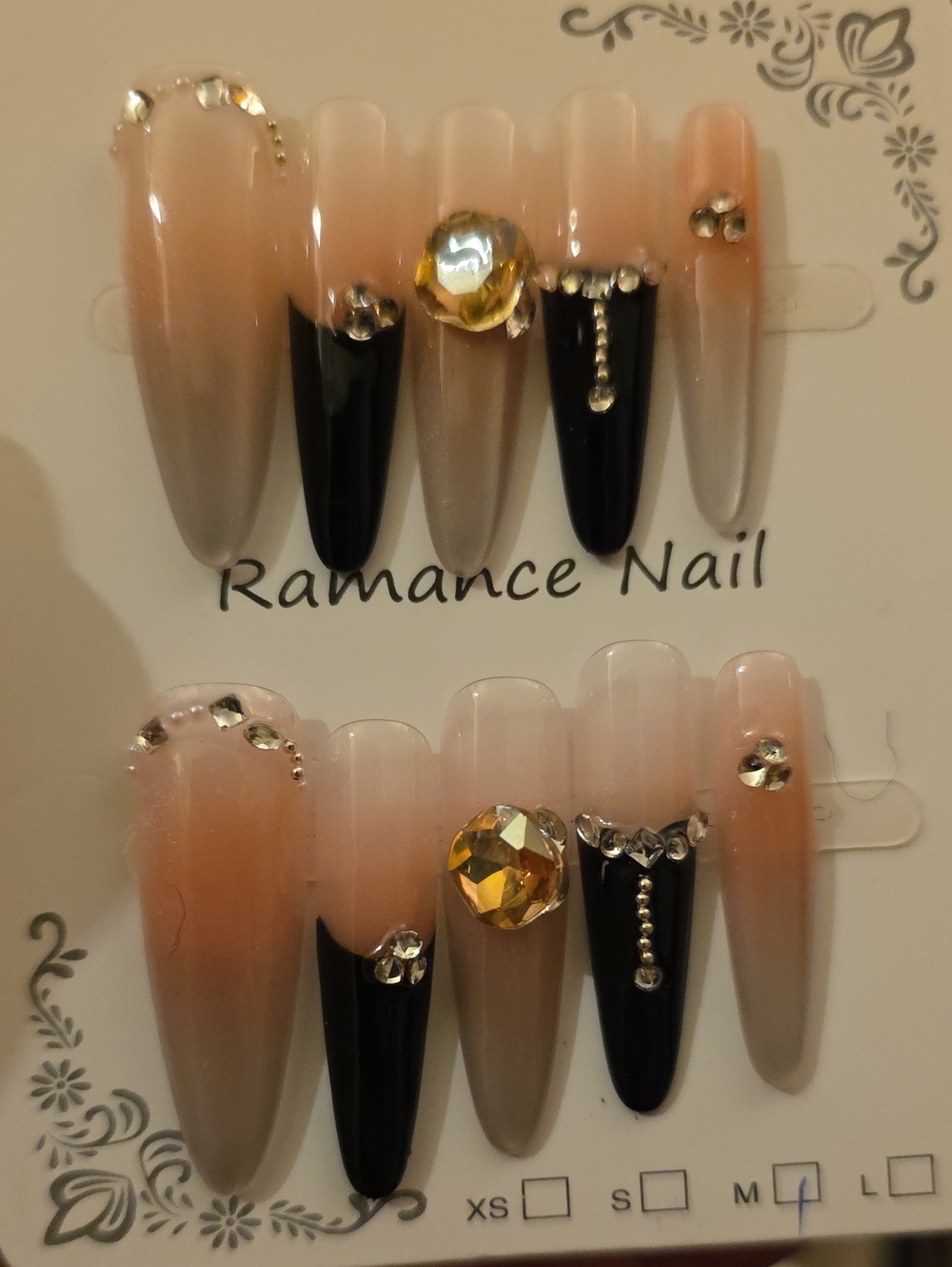 Black & Nude Ombre Press-On Nails with Rhinestones Size Med